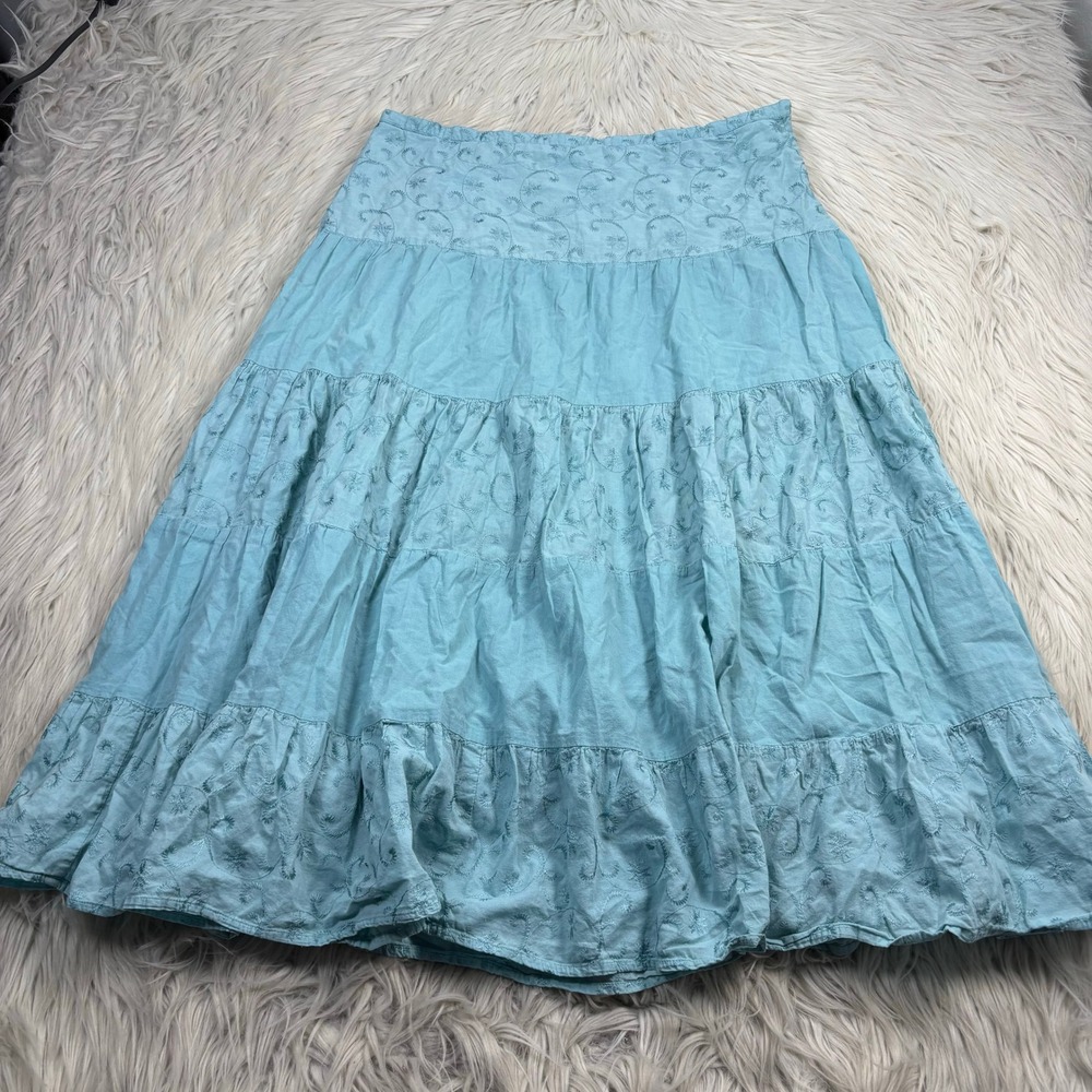 Vintage Y2K 90's Eyeshadow Women's L Blue Embroidered Tiered Midi Maxi Skirt